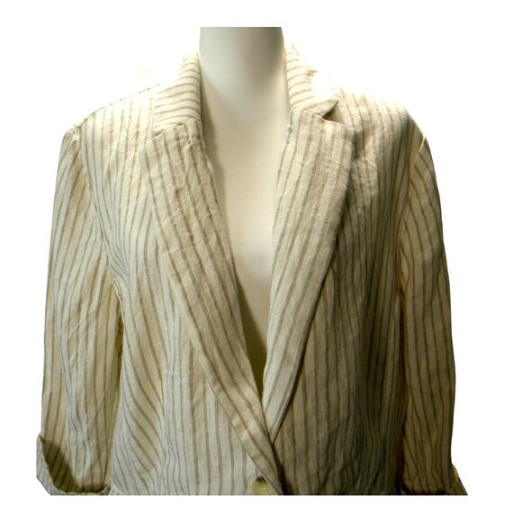 Chicos 100% Linen Cream Tan Striped Lightweight Blazer Single Button XL Casual - Picture 2 of 8